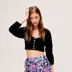 FOR LOVE & LEMONS Anastasia Cropped Cardigan Black Soft Fuzzy Sweater RARE